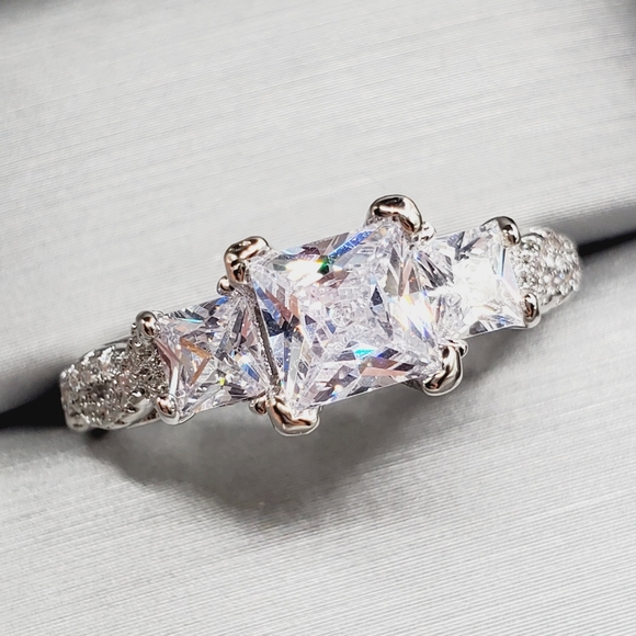 Three Stone Princess Cut Diamond Silver Tone Ring - Picture 6 of 6